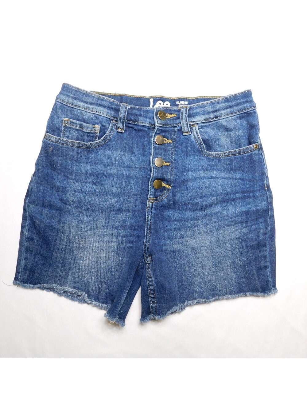 Lee Heritage Denim Shorts Womens High Rise Button Fly Raw Hem Relaxed Fit Blue